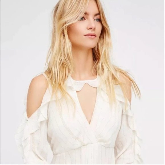 Free People Huxley Maxi Dress Ruffles Open Back Metallic Stripe NWT Size Small - Picture 5 of 16